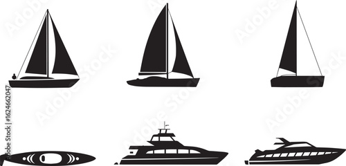 Nautical Vessels Icons Set Showcasing Various Watercraft in Black Silhouette on Transparent