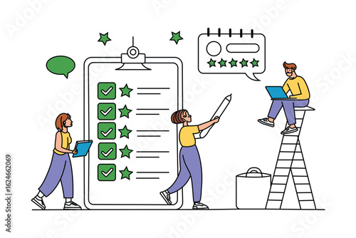  artificial intelligence to fill survey form, give feedback, customer evaluation rating, continuous line art flat illustration on white background.