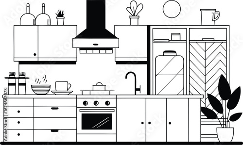 Modern kitchen interior design with appliances cabinets and plants in a clean line art style