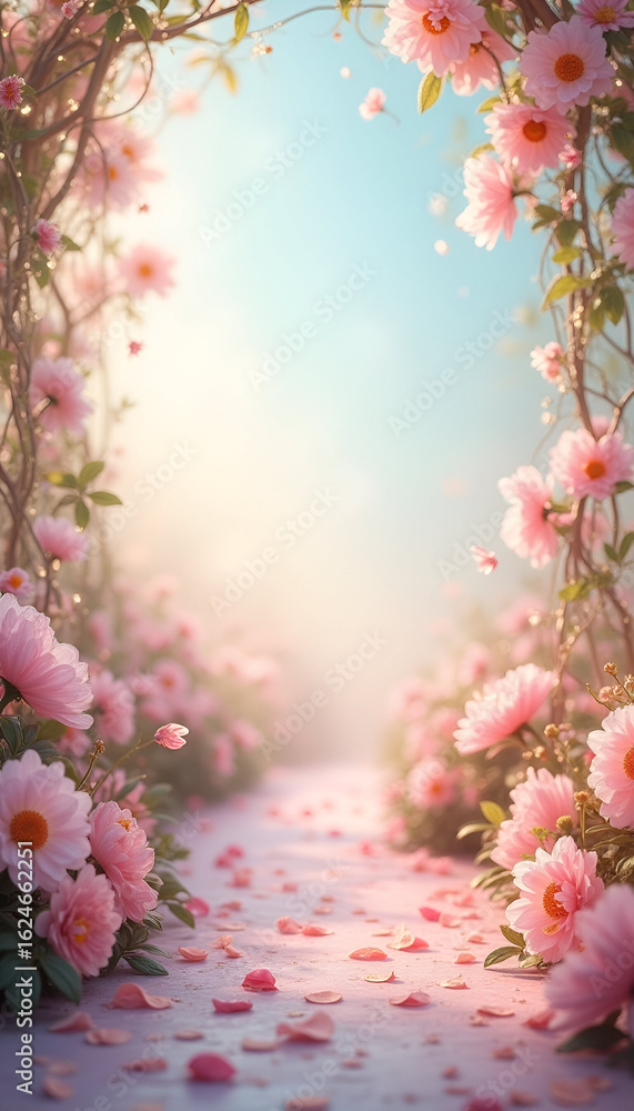 Romantic Floral Pathway with Pink Daisy Flowers and Morning Light Romantic Floral Pathway with Pink Daisy Flowers and Morning Light