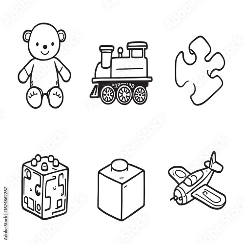 Cute hand drawn toys vector line art set.eps