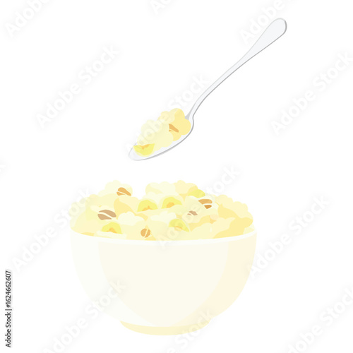Oatmeal porridge with banana in ceramic bowl and spoon with cornmeal  porridge