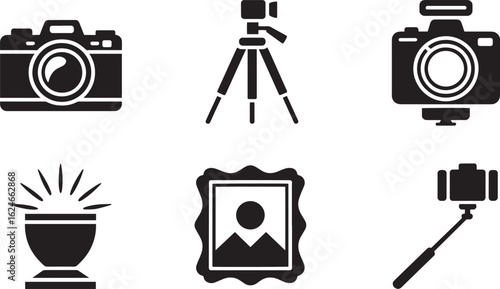 Photography Equipment Icons Set Vector Illustration with Camera, Tripod, Flash, Frame, Selfie Stick