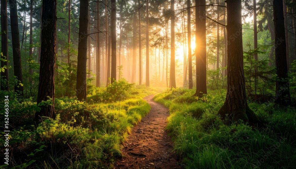 Obraz premium Misty Forest Trail Winding Through Sunset Clearing