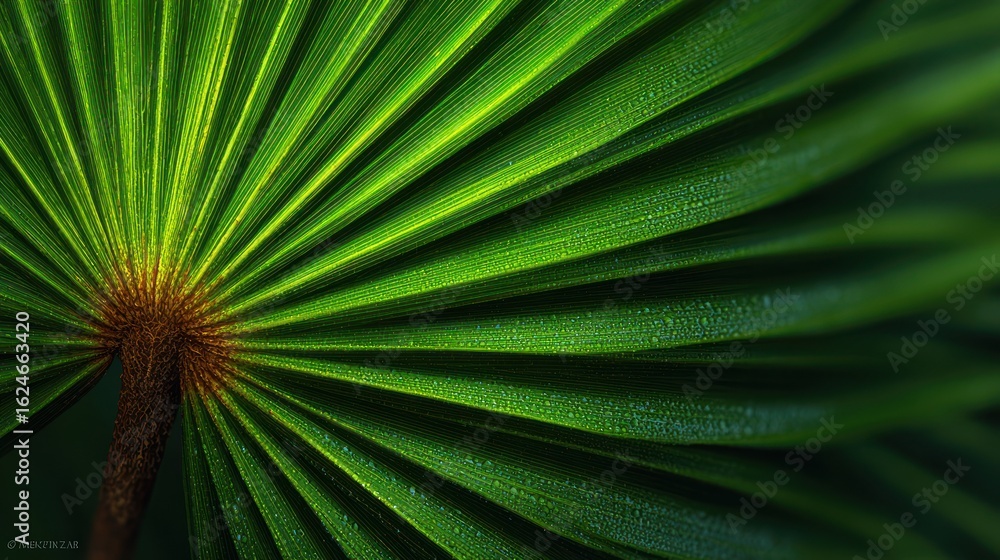 Fototapeta premium Bright green palm leaf, veins radiating from the center, water droplets