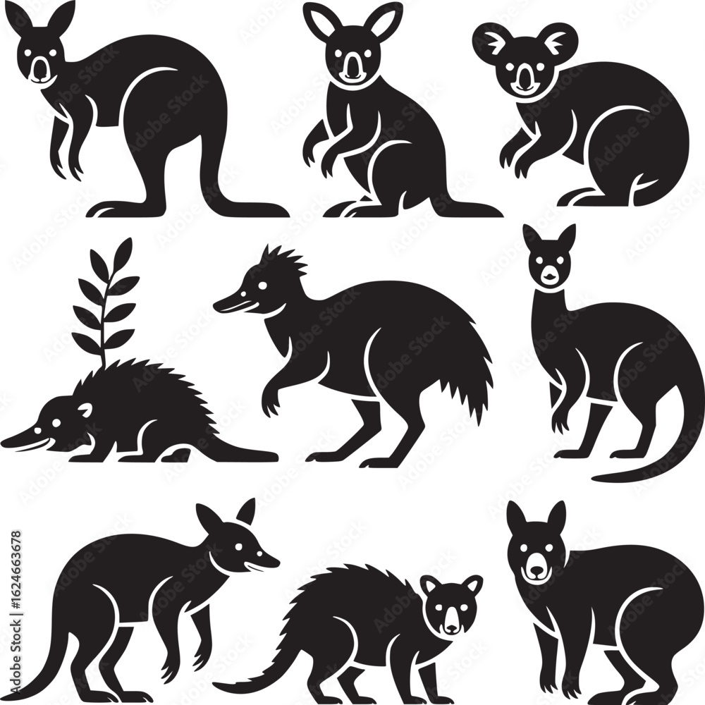Obraz premium Vector art of australian animals silhouette set including kangaroo koala tasmanian devil echidna platypus isolated on white background