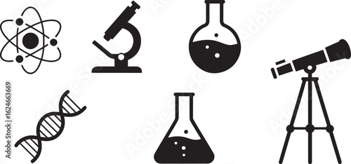 Science and Research Vector Icons - Atom, Microscope, Flask, Telescope, and DNA Set