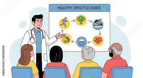 Doctor Presents Healthy Lifestyle Guide with Infographic to Diverse Audience