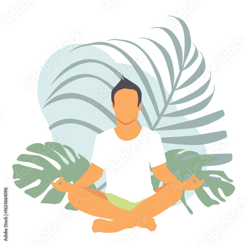 Man meditating in a yoga pose surrounded by nature and leaves