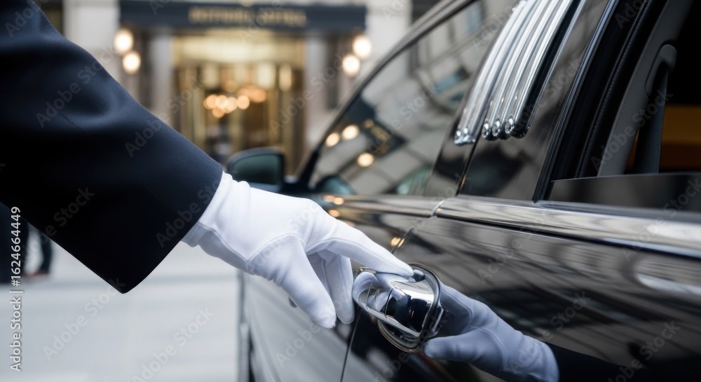 Chauffeur opening black car door with white glove; hotel backdrop Chauffeur opening black car door with white glove; hotel backdrop