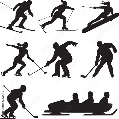 Vector art of silhouettes of winter sports athletes isolated on white background, skiing, snowboarding, hockey and bobsledding action