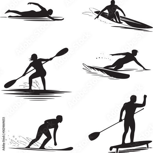 Vector art of silhouette set of water sports activities isolated on white background for summer vacation and recreation