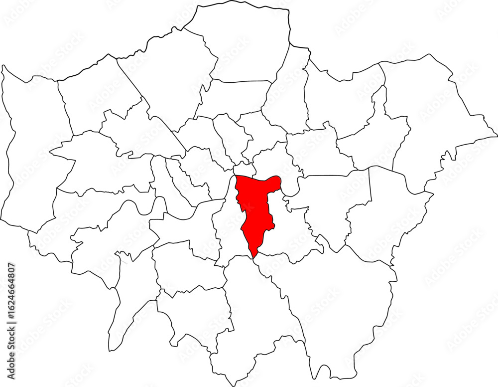 Obraz premium Map of Greater London highlighting the borough of Southwark. Ideal for projects on the River Thames, vibrant markets, and cultural landmarks