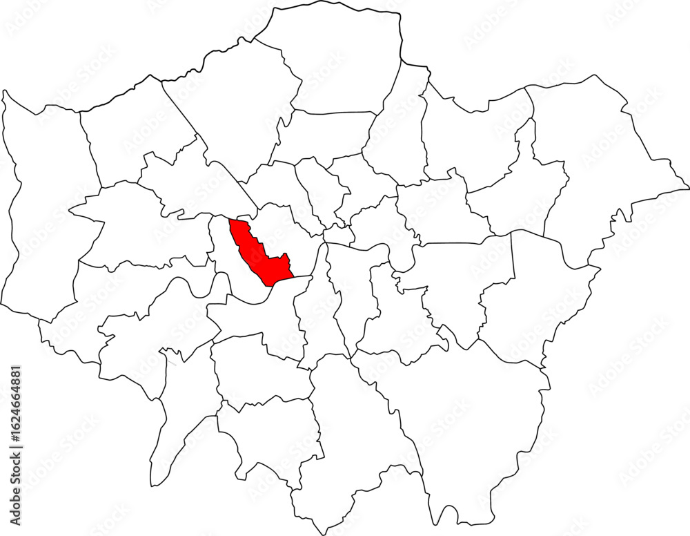 Obraz premium Map of Greater London highlighting the Royal Borough of Kensington and Chelsea. Ideal for projects on its affluent areas, iconic museums, and elegant architecture.