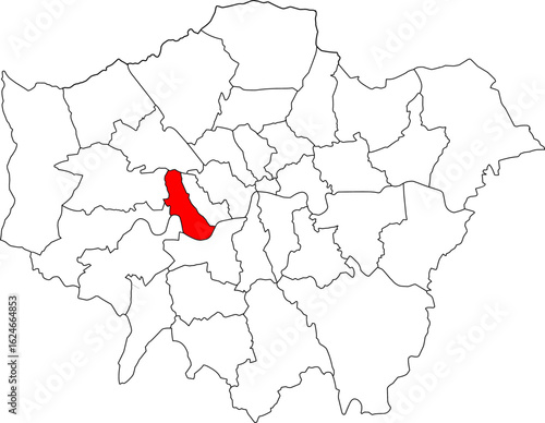 Map of Greater London highlighting the borough of Hammersmith and Fulham. Perfect for projects on its riverside location, iconic venues, and West London