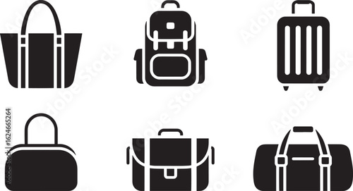 Travel and Luggage Icons Set Featuring Tote, Backpack, Suitcase, Handbag, Briefcase, and Duffle Bag