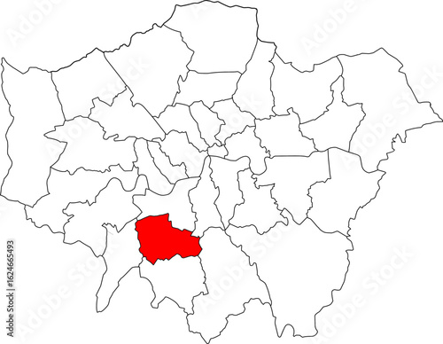 Map of Greater London highlighting the borough of Merton. Perfect for projects on Wimbledon, suburban life, and Southwest London geography