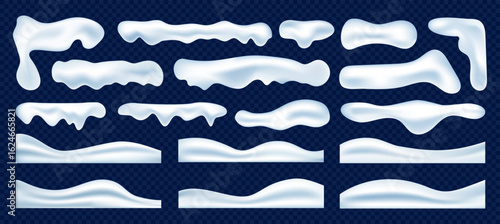 Set of realistic winter snow caps, snowy borders vector elements