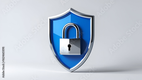 Digital security shield in isometric 3D vector style with central padlock, isolated on clean white background
