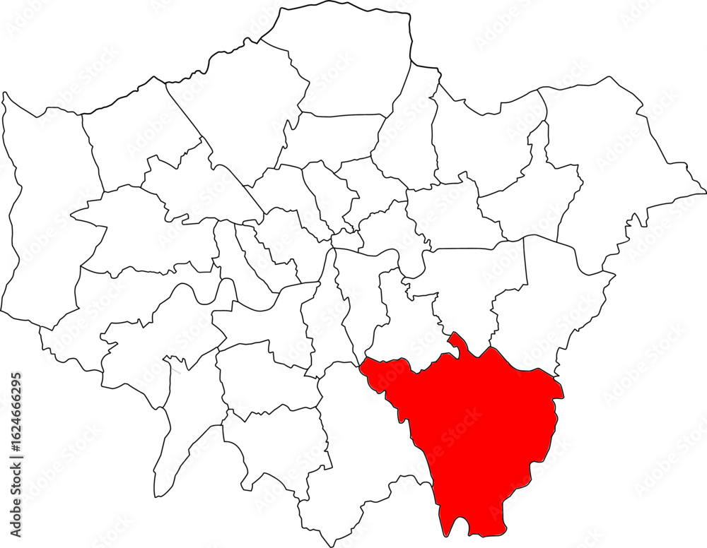 Map of London highlighting the Bromley borough. Ideal for local government, travel resources, and geographic information focusing on the area Map of London highlighting the Bromley borough. Ideal for local government, travel resources, and geographic information focusing on the area