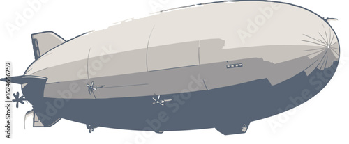 Illustration of a classic airship with propellers, tail fins, and a distinctive shape flying through the sky, rendered in vector graphics, air travel, vintage design