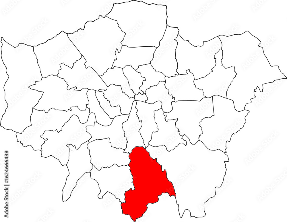 Obraz premium Map of London highlighting the Croydon borough. Ideal for local government, travel resources, and geographic information focusing on the area.