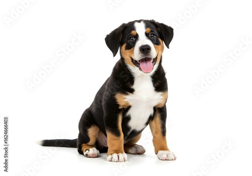 Adorable Entlebucher Mountain Dog puppy sitting pretty on a white background, tongue out, ready for love and adventure, perfect for pet lovers