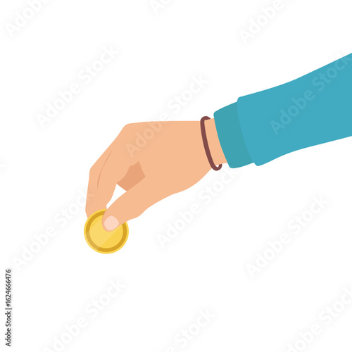 Hand holding a golden coin, giving financial help, donating dollar, cash, money, penny