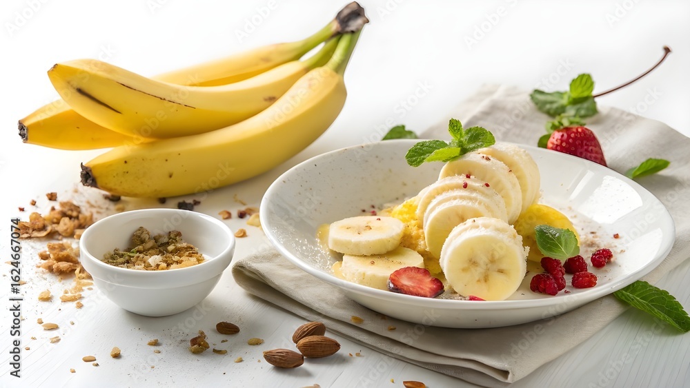 Fresh banana split with berries and nuts on a white background. Fresh banana split with berries and nuts on a white background.