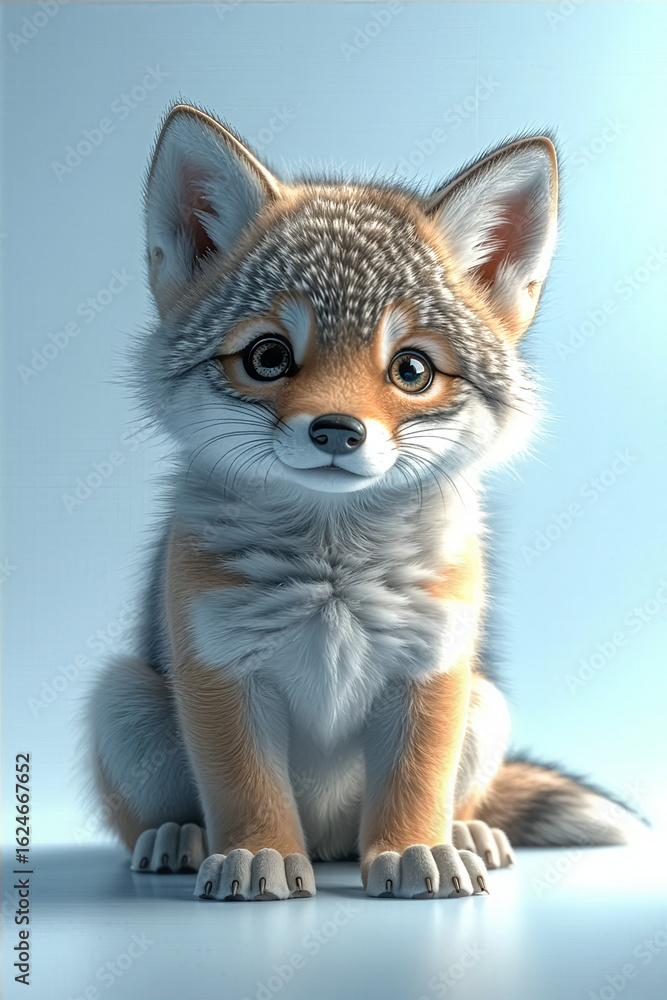 Cute baby coyote portrait with light blue background for wildlife education and animal conservation Cute baby coyote portrait with light blue background for wildlife education and animal conservation