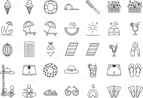 Summer vacation beach holiday icons vector, summer, vacation, beach, holiday, icons, ice cream, umbrella, sun, watermelon, cocktail, swimwear, shorts, hat, flip flops, snorkel, fins, jet ski, sunglass