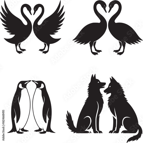 Vector art of silhouette illustration of swans, penguins, and dogs in love isolated on white background