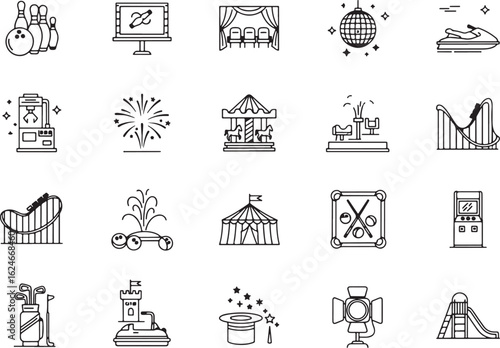 Bowling pins and ball carousel roller coaster arcade game, bowling, pins, ball, screen, stage, seats, disco ball, jet ski, claw machine, fireworks, carousel, ride, roller coaster, fountain, circus ten