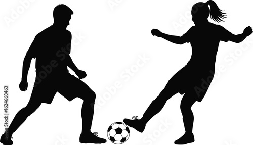 Soccer silhouette, two players, kicking ball, intense match, athletic action, sports field, competitive game, dynamic movement, teamwork, energy, black and white