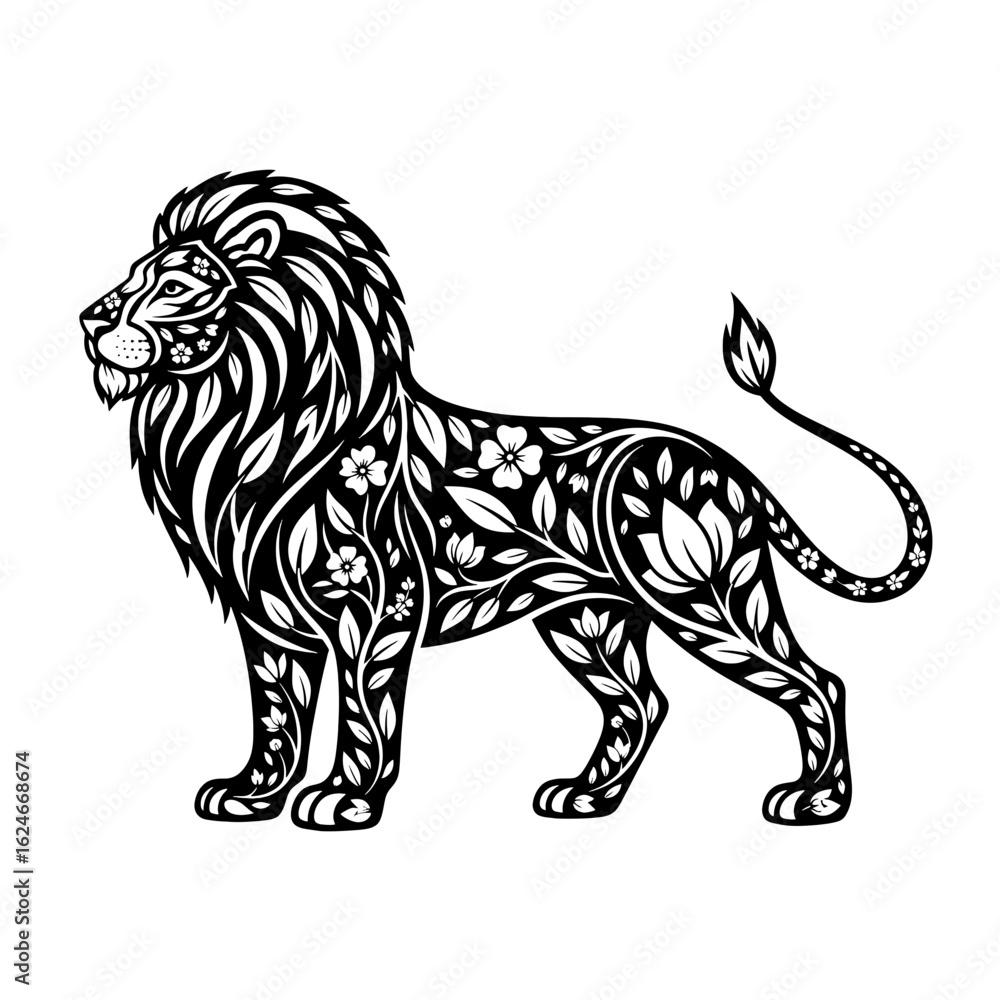 Obraz premium Ornate Lion Silhouette with Floral Design.