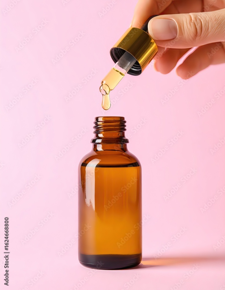 Serum Bottle and Pipette on Pink Background Serum Bottle and Pipette on Pink Background