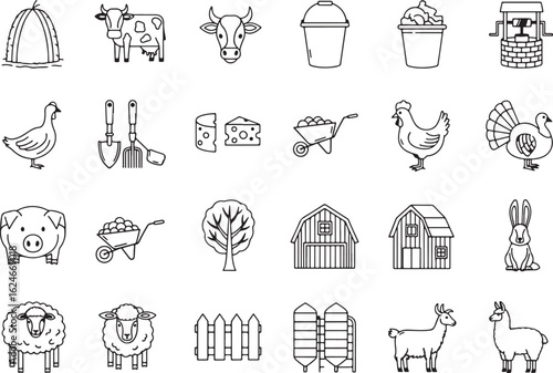 Farm animals and equipment icons hay bale cow head, hay bale, cow, cow head, bucket, ice cream, well, chicken, shovel, pitchfork, cheese, wheelbarrow, turkey, pig, tree, barn, rabbit, sheep, fence, si