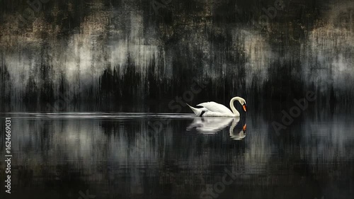 Serene swan gliding on dark, textured water, reflected perfectly