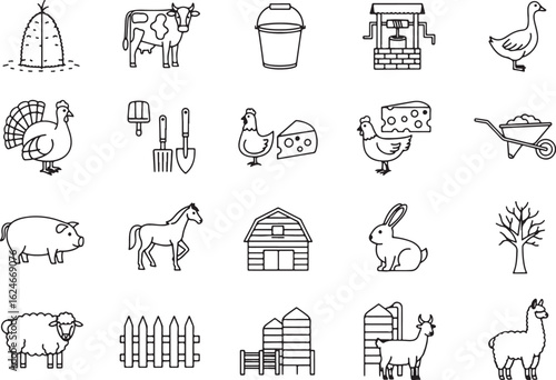 Farm animals and objects line art horse, farm, animals, cow, horse, pig, sheep, turkey, chicken, duck, rabbit, goat, llama, hay, bucket, well, cheese, barn, fence, tree, wheelbarrow, agriculture, live