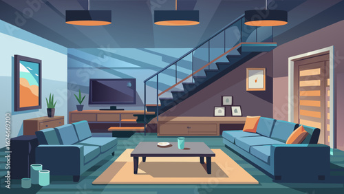 Vector art of modern living room interior with blue sofas, coffee table, tv, and staircase, showcasing contemporary home design and comfortable ambiance