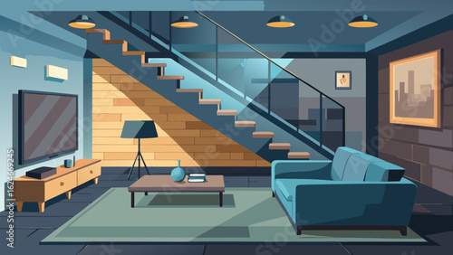 Vector art of inviting modern living room with blue sofa, coffee table, tv, and a striking staircase, highlighting sophisticated home interior design
