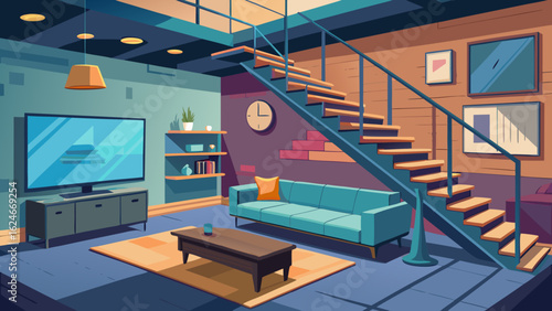 Vector art of stylish modern loft interior with a blue sofa, coffee table, tv, and staircase, accented by brick wall and cityscape view