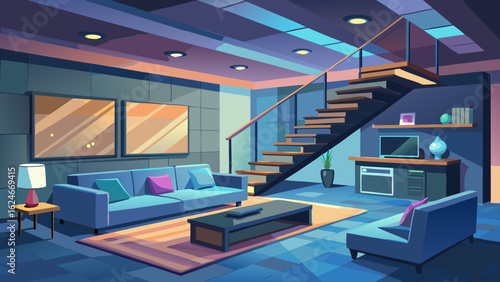 Vector art of chic modern living room with blue sofa, coffee table, and staircase, illuminated by ambient lighting, showcasing elegant interior design and home comfort