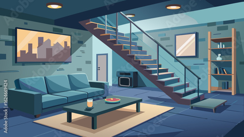 Vector art of cozy basement living room interior with modern furniture, sofa, coffee table, stairs, and artwork, creating a comfortable and inviting home atmosphere