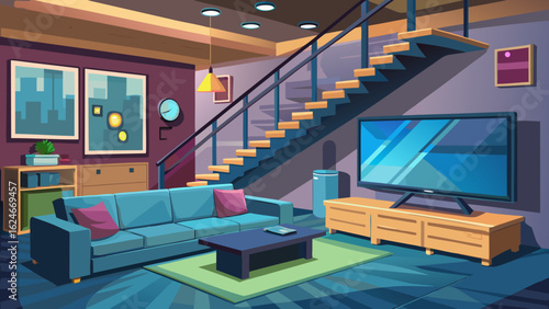 Vector art of modern living room interior with a blue sofa, coffee table, television, and staircase, depicted in a cartoon illustration style