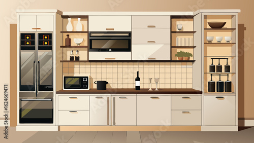 Vector art of modern kitchen interior with white cabinets, appliances including a refrigerator and microwave, and various kitchenware, presented as a cartoon illustration