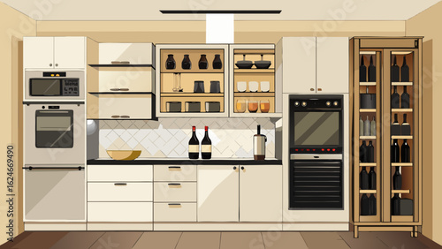 Vector art of contemporary kitchen interior featuring dual ovens, a refrigerator, extensive cabinetry, and a wine display cabinet, rendered in a cartoon illustration style