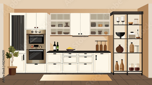 Vector art of modern kitchen interior with white cabinets, stainless steel appliances, and a tall display cabinet filled with glassware and decorative items