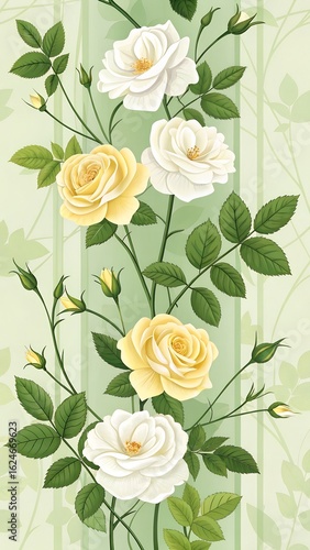 Elegant white and yellow roses bloom on a lush green vine, creating a beautiful and delicate seamless floral pattern.