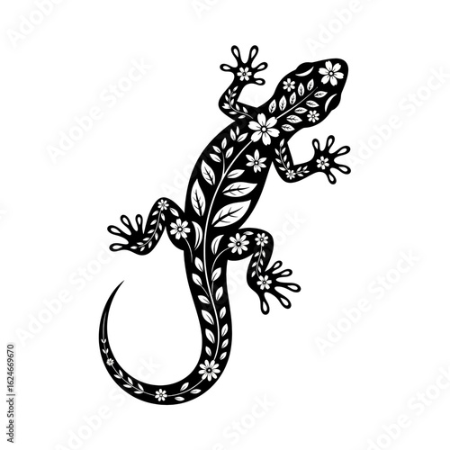 Ornate Lizard Silhouette with Floral Design.